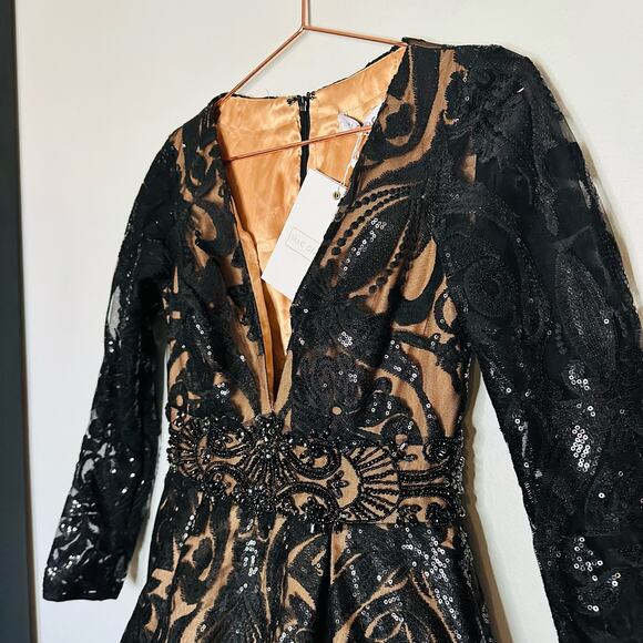 MAC DUGGAL Black Nude Sequin Lace Burnout Embellished A-Line Dress Size 4 NWT - Picture 9 of 16